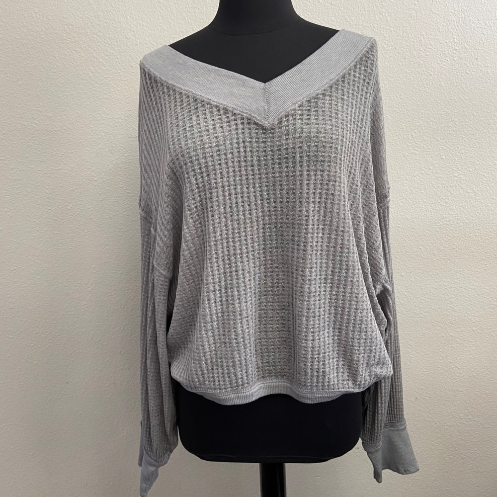 WE THE FREE South Side Gray Waffle Knit V Neck Oversized Long Sleeve Top Women S